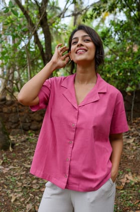 Pure Cotton Open Collar Shirt-Pink-S