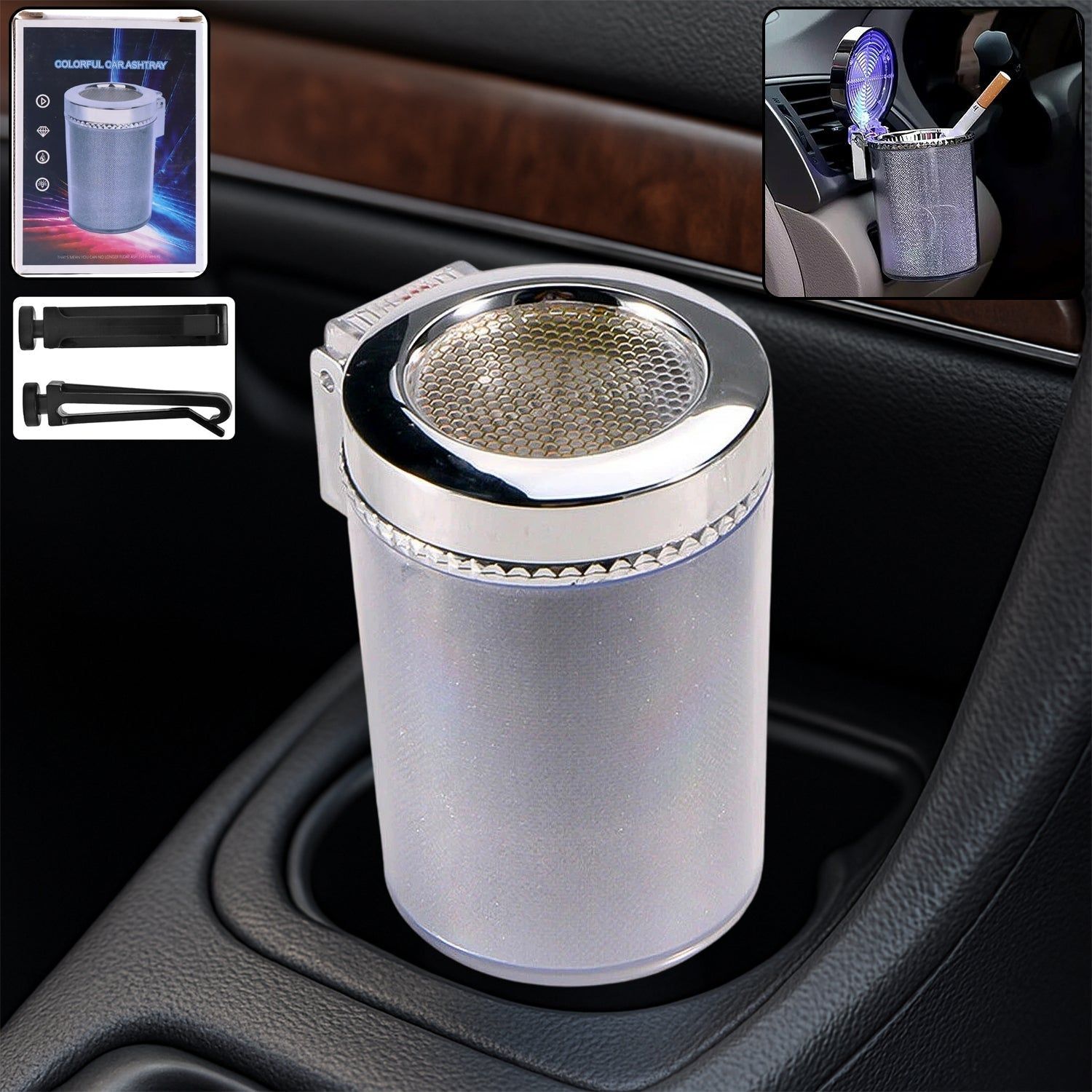Premium Quality LED Illuminated Car Ashtray with Lid and Detachable Holder (1 Pc)