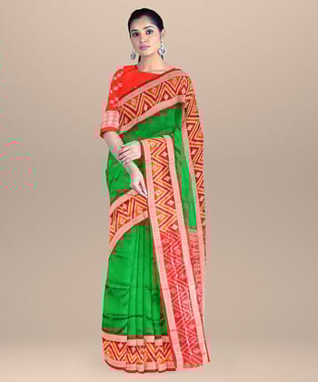 Lawn green red silk handloom bomkai saree