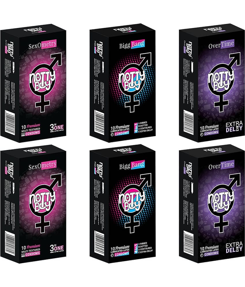 NottyBoy Pleasure Pack 4 IN 1 & 3 IN 1, Ribbed, Dotted, Contour, Extra Delay and Prolong Effect Condoms - 60 Units