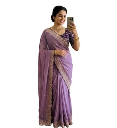 Women's Star Georgette Embroidered Saree With Unstitched Blouse 5.5Mtr (Purple)-PID67221