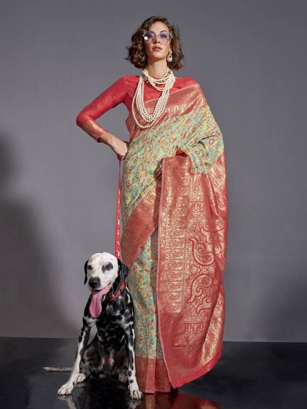 Pear Green Banarasi Jamawar Woven Soft Silk Saree