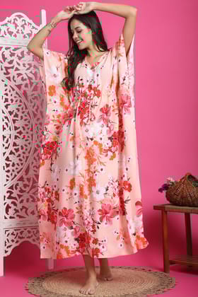 Pink Color Floral Printed Viscose Rayon Kaftan For Women-One size