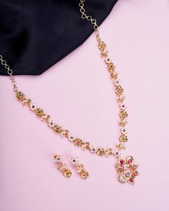 Traditional Peacock Gold Plated Necklace Set-Red-White / Gold Plated