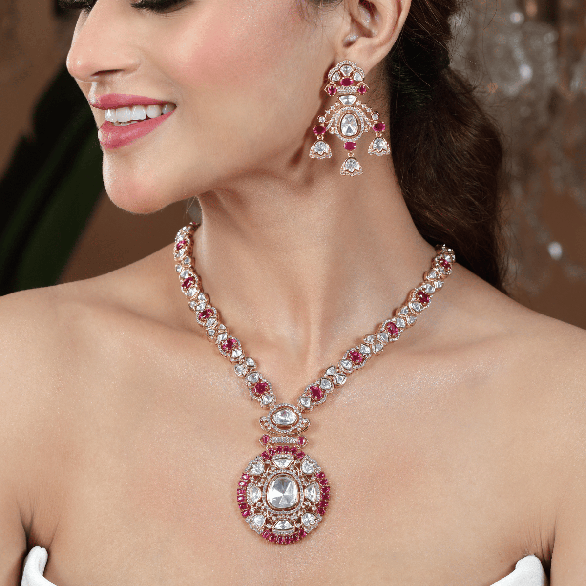 Antique Gold-Plated Kundan Necklace Set with Ruby Accents