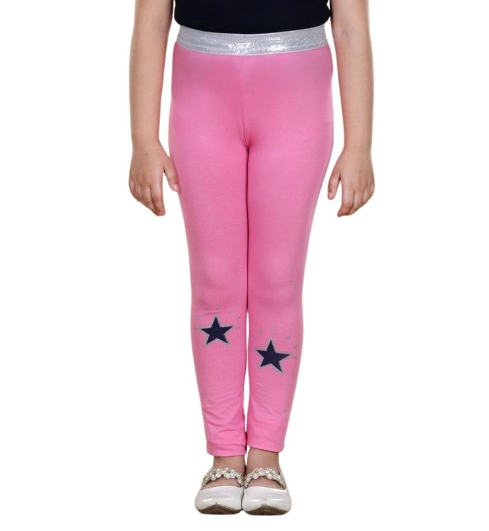 Girl's Cotton Blended Star Print Elasticated Leggings (Pink, 6-8-Yrs)-PID66120