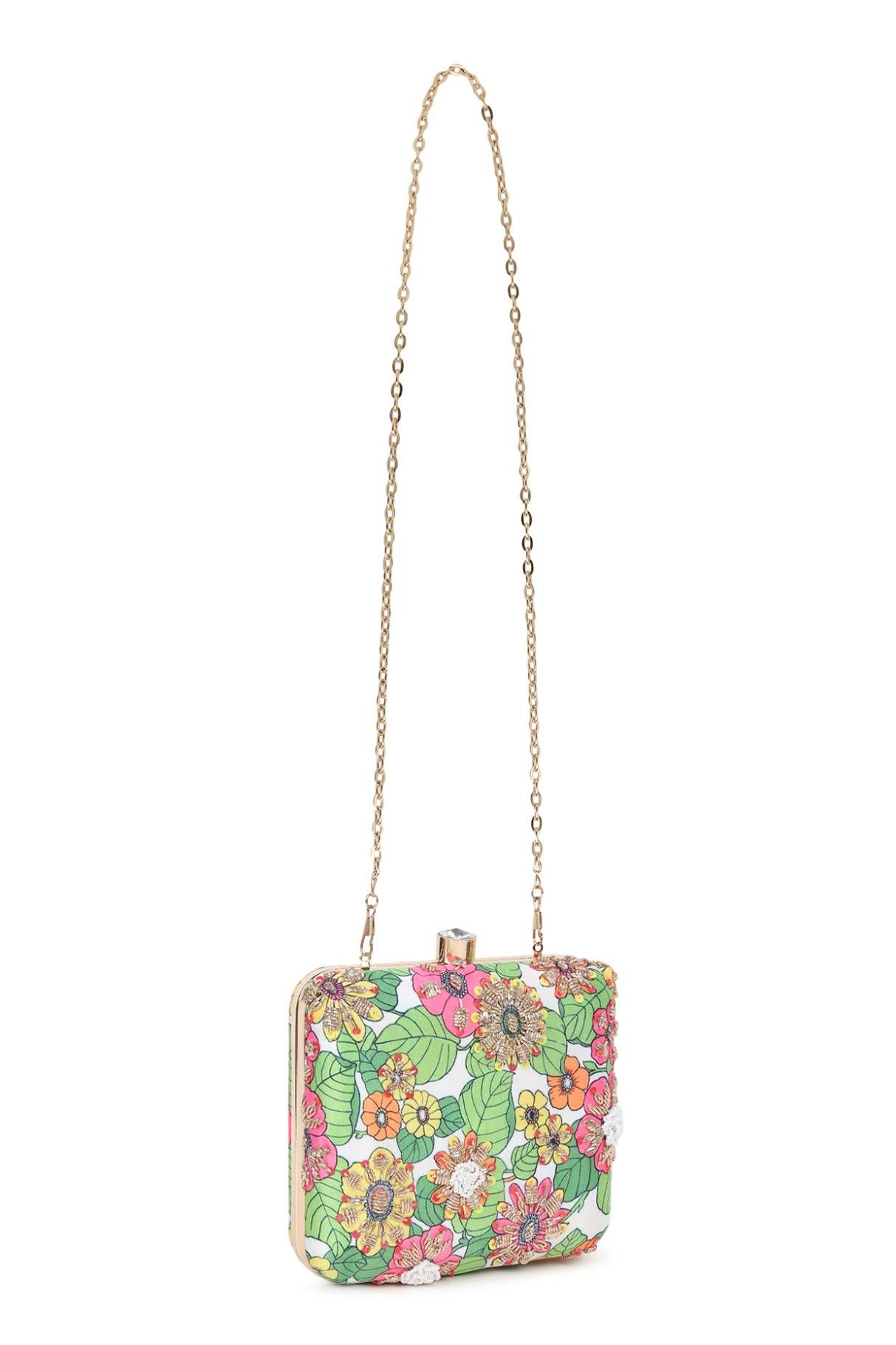 Green Satin Leaf Printed Square Clutch