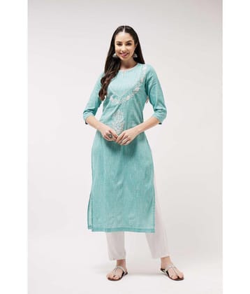 Pannkh Cotton Embroidered Straight Womens Kurti - Turquoise ( Pack of 1 ) - None
