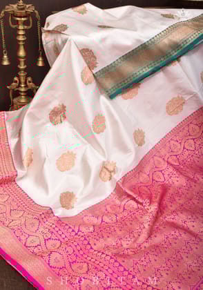 Banarasi Katan Silk Saree in Off White with Ganga Jamuna Borders | SILK MARK CERTIFIED
