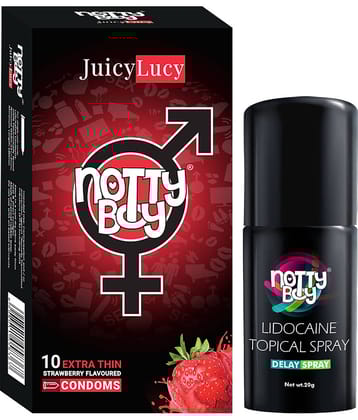 NottyBoy Strawberry Flavoured Condoms Pack of 10 Counts with OverTime Spray 20gm