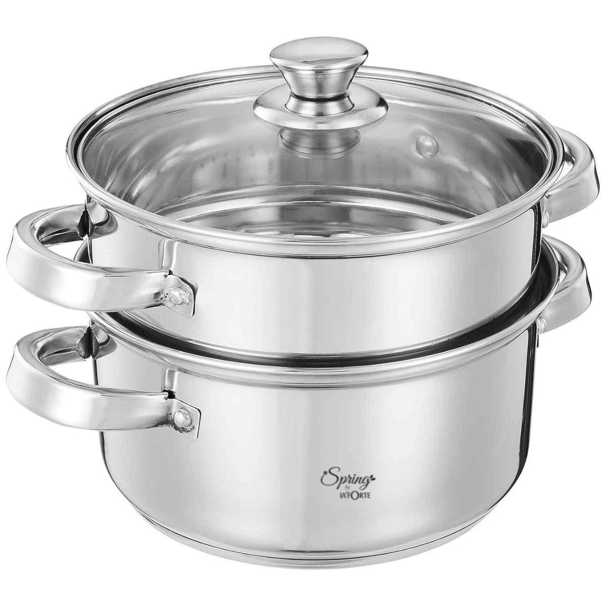 Spring by LA FORTE Stainless Steel 2-Tier Steamer & Casserole Set | Use as Single-Tier Cookware | Toughened Glass Lid | Riveted Handles Spring by LA FORTE Stainless Steel 2-Tier Steamer & Casserole Set | Use as Single-Tier Cookware | Toughened Glass Lid 