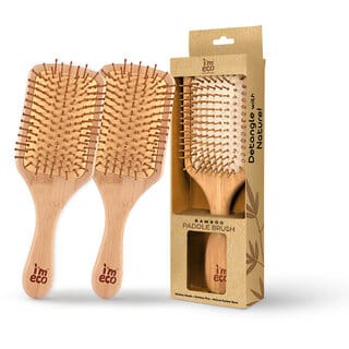 IMECO Bamboo Paddle Hair Brush Pack of 2, 100 Natural Wooden Comb, Detangling  Scalp Massaging Brush