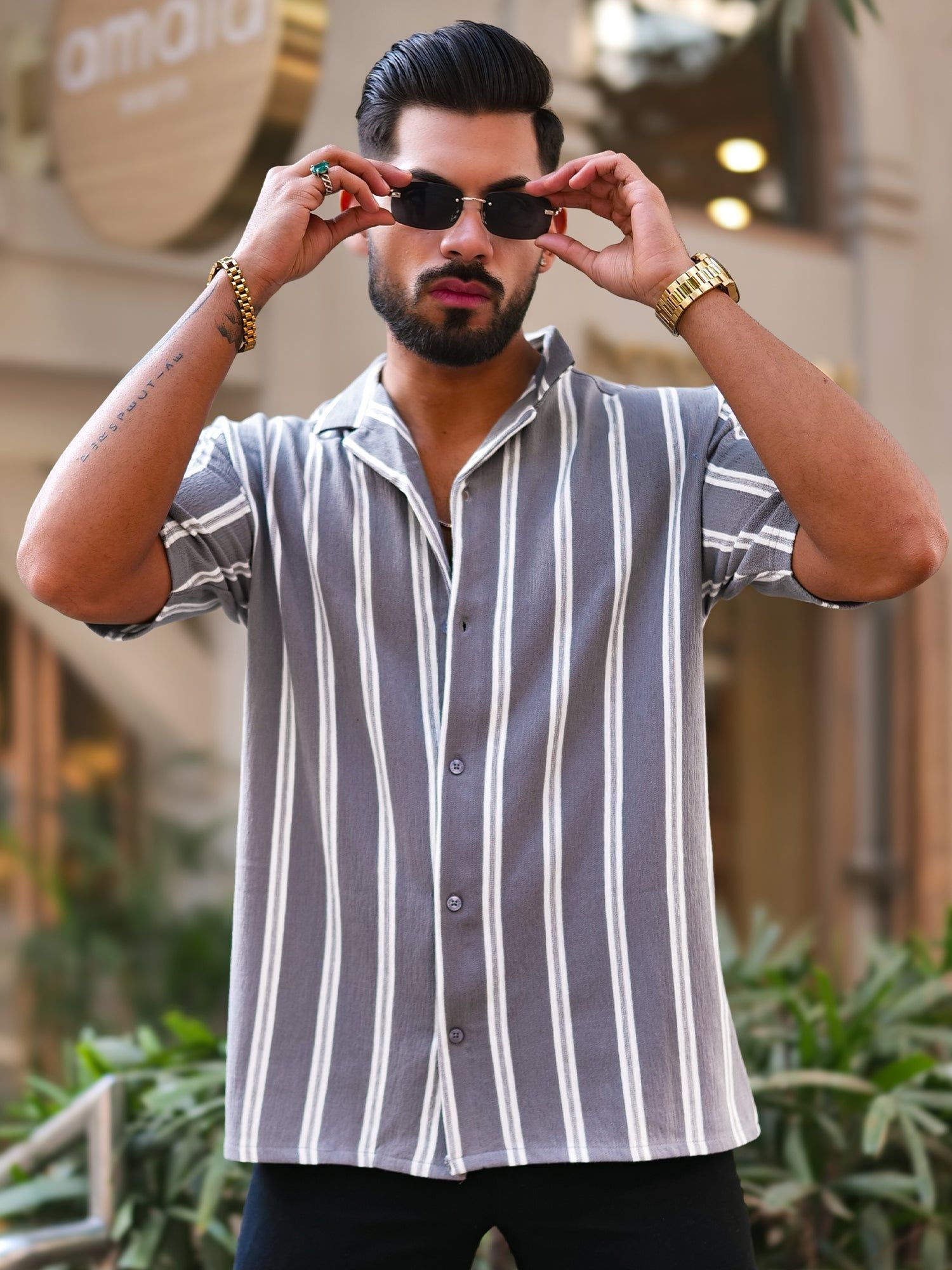 Terry Vertical Stripes Grey Half Sleeve Shirt-S