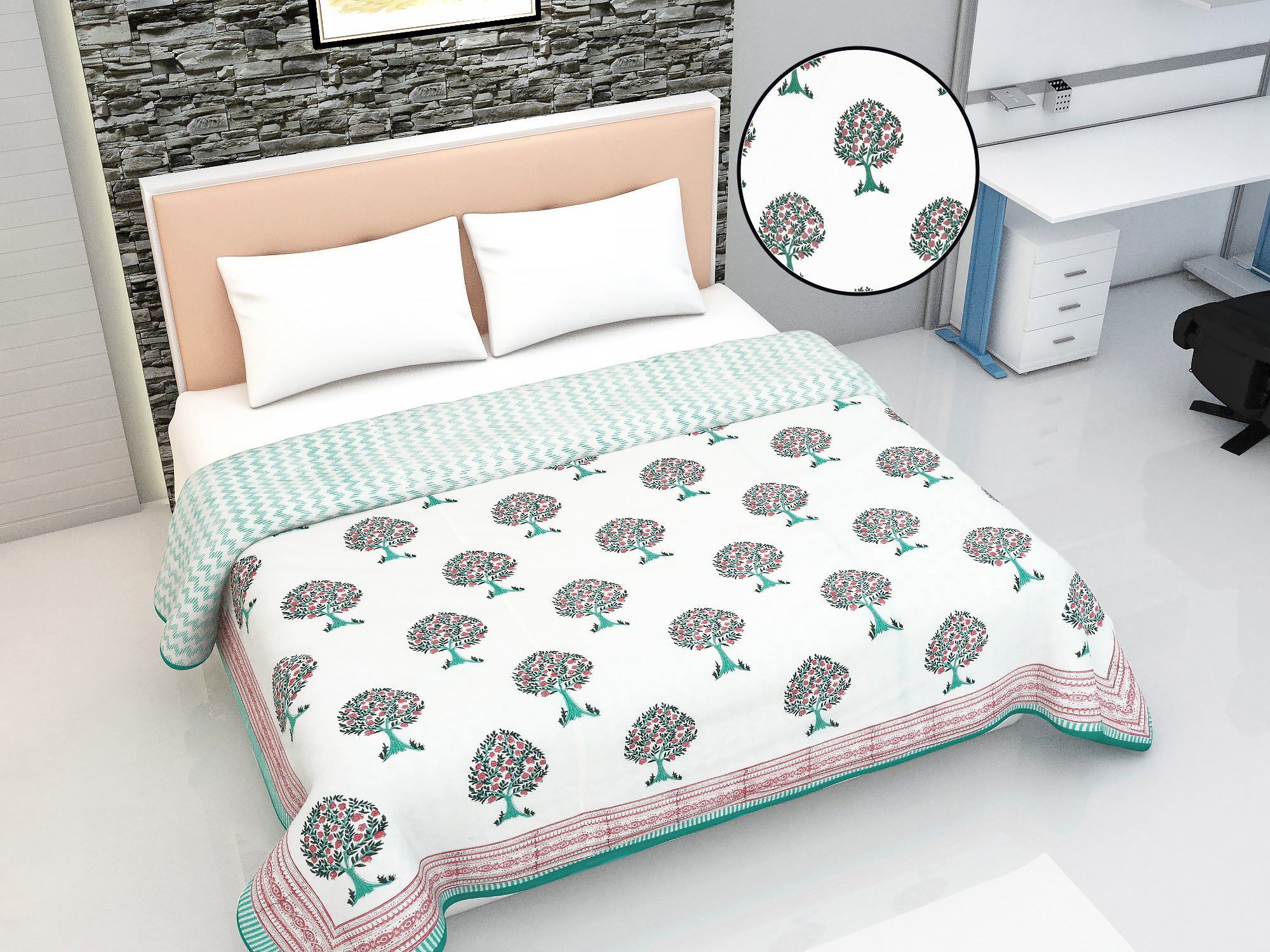 Block Printed Cotton Blanket - Double Dohar ( 90 x 108 Inches) - Red Green Tree