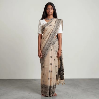 Odisha Handloom Cotton Saree Charcoal Lily Border Buti Odisha Handloom Cotton Saree Charcoal Lily Border Buti