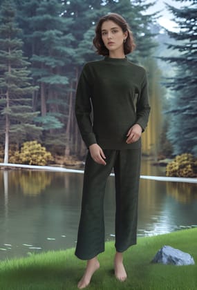 Fablush Pajama Set Full Sleeves Women's Nightwear | Fb34001-Bottle Green / S