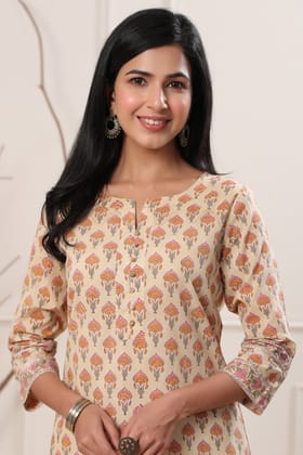 Firdous Kinaz Botti Stright Cotton Kurta-S / Peach / Pink