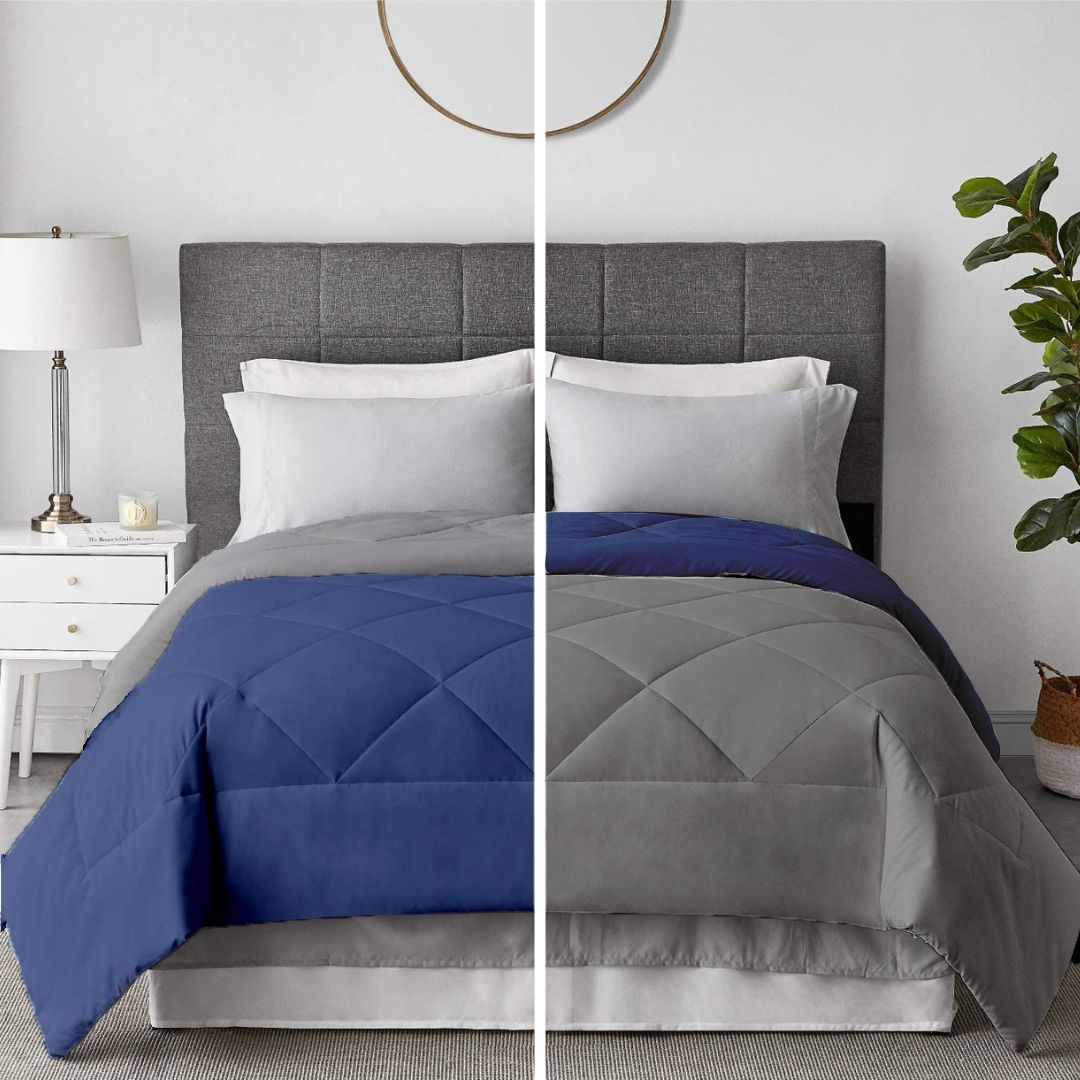 Razzai - 100 GSM Soft AC Comforter Hotel Quality-Down Alternative Reversible Comforter - All Season |AC Comforter/Blanket/Quilt/Rajai Double Bed|Silver/Medium Blue-Single / Medium Blue