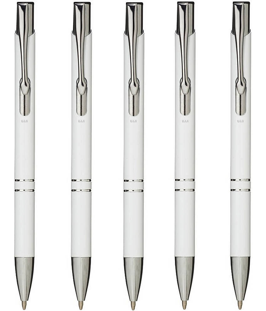 UJJi Gloss White Color Retractable Pack of 5pcs (Blue Ink) Ball Pen