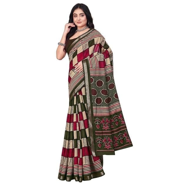 Women's Dupion Silk Block Printed Saree With Unstitched Blouse 5.5Mtr (Multicolor)-PID66735