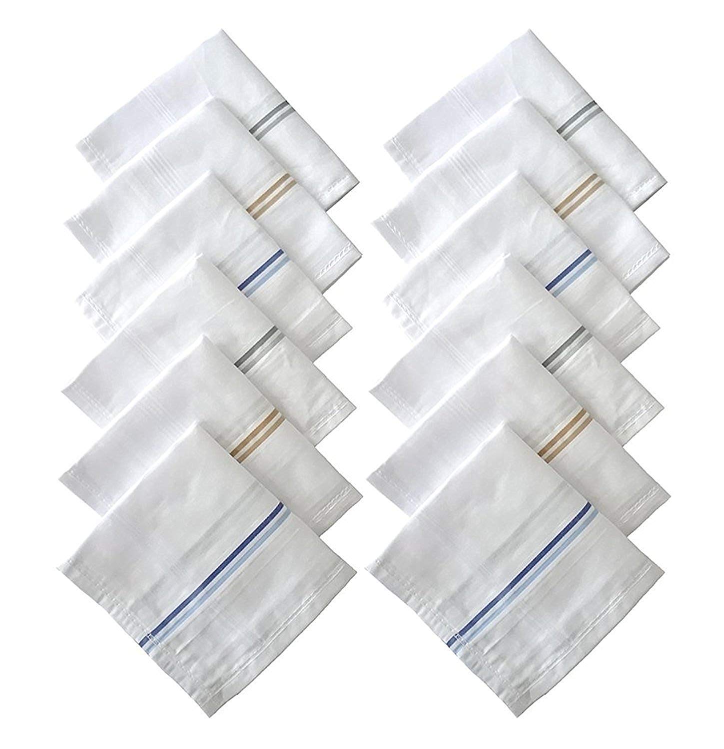 100% Cotton Striped Handkerchiefs, Set of 12, White with Grey, Blue, and Tan Stripes, 40 cm x 40 cm