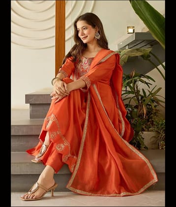 Mahek Fashion Women Polyester Embroidered Anarkali Kurti With Pants ( Orange )