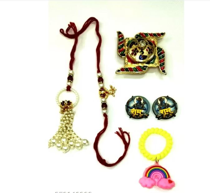 AAYANSH HANDICRAFT HUB Premium Raksha Bandhan Gift Set, Traditional Designer Rakhi Combo with Festive Pouch, Ram Badge and Swastik