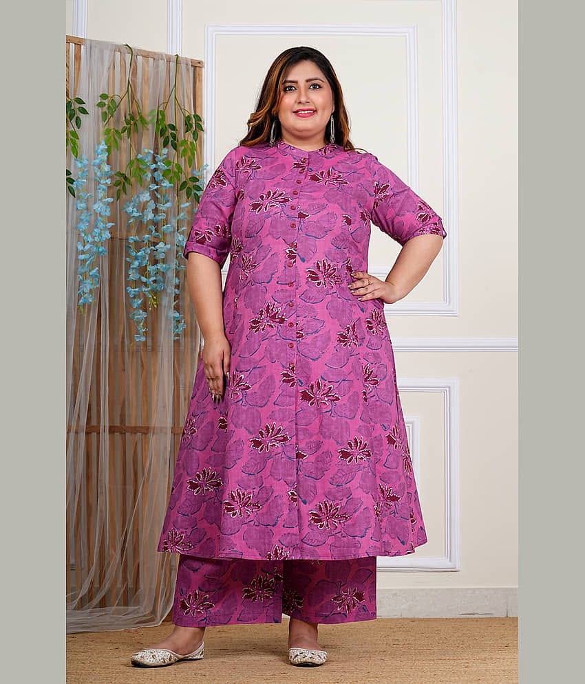 Yash Gallery Women Cotton Printed A-line Kurti With Palazzo ( Purple )