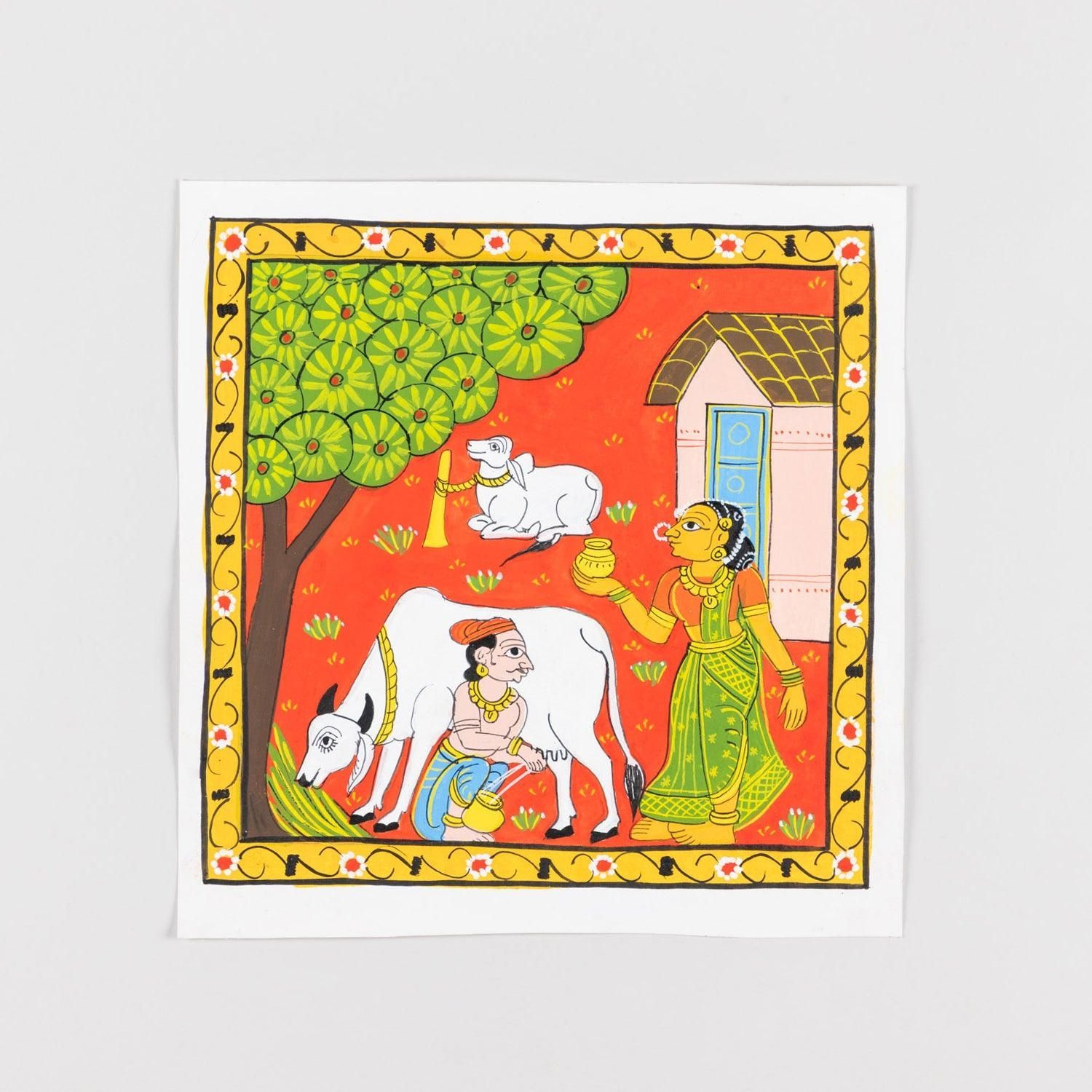 Eyaas Cheriyal Painting of Milking Cow in Traditional Village Scene