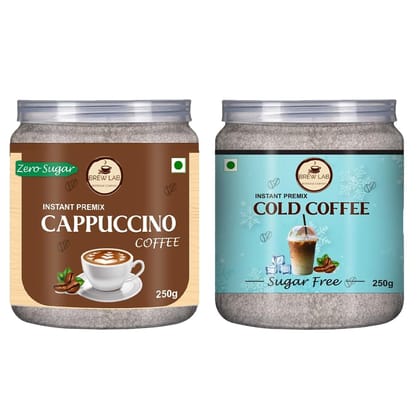Brew Lab Cappuccino Coffee With Zero Sugar Premix & Cold Coffee Sugar Free Pre-mix| Premium| Rich & Smooth Taste | 250gm x 2