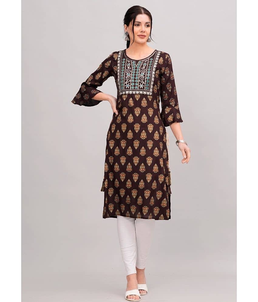 MAUKA Rayon Printed Straight Women's Kurti - Brown ( Pack of 1 )