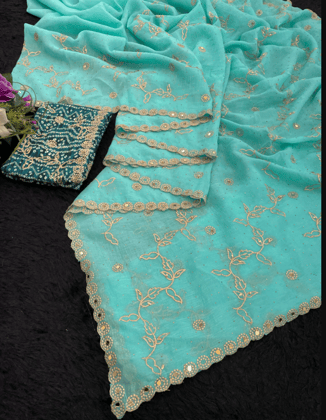 Women Embroidered Party Wear Chiffon Saree Fancy Lace Border With Blouse Women Embroidered Party Wear Chiffon Saree Fancy Lace Border With Blouse