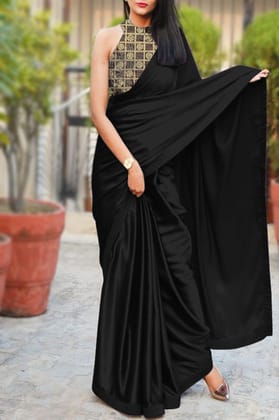 ANSH Womens Satin Solid Saree length (5.5m) & Blouse Piece Size (0.8m) (Black)