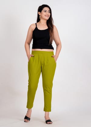 Women's Parrot Green Cotton Trouser Pant - Regular Fit for Office, School, and Casual Wear-S / Parrot Green / 100% Cotton
