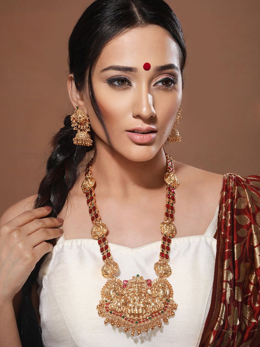 Gold Plated Stone Studded Laxmi ji Long jewellery set