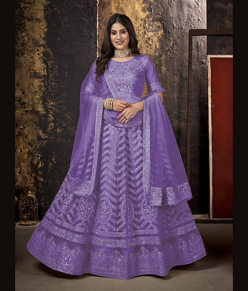 A TO Z CART Women Net Flared Semi Stitched Ethnic Gown ( Lavender )