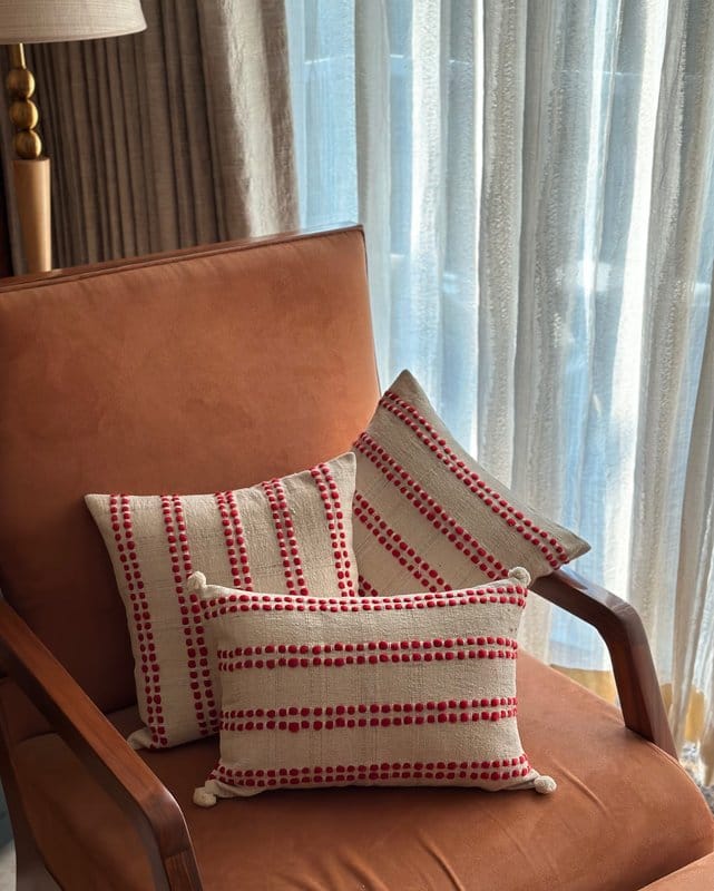 KRI India Distressed Red Dori Stripe Cushion Cover|12x18 inches | Off White & Red | Wash & Care | 100% Cotton | Handcrafted in India. 100% organic & natural.
