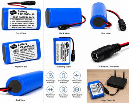 NOVEL 7.4V 2600mAh 18650 Lithium-Ion Battery Pack with BMS and DC Female Wire | Suitable for CCTV Systems, LED Lighting and Electronic Applications