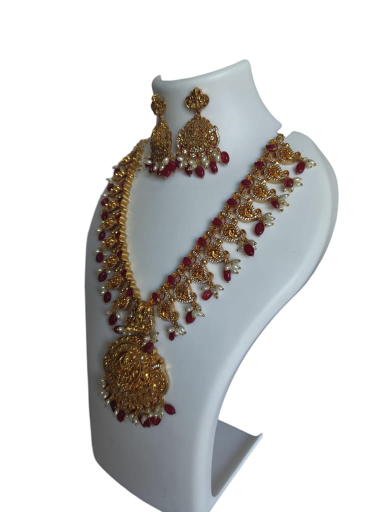 oxidized gold plated temple jewellery haram set with rubies and pearls