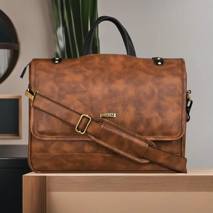 LOREM Tan & Black Color Faux Leather 10L Laptop Messenger Bag For Men BG47