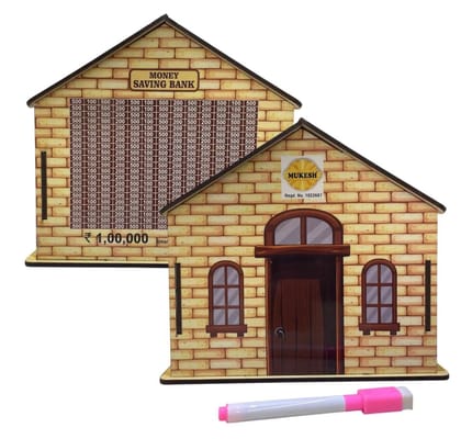 MUKESH Wooden Money Saving Box One Lakh Goal Tracker House Shaped Piggy Bank