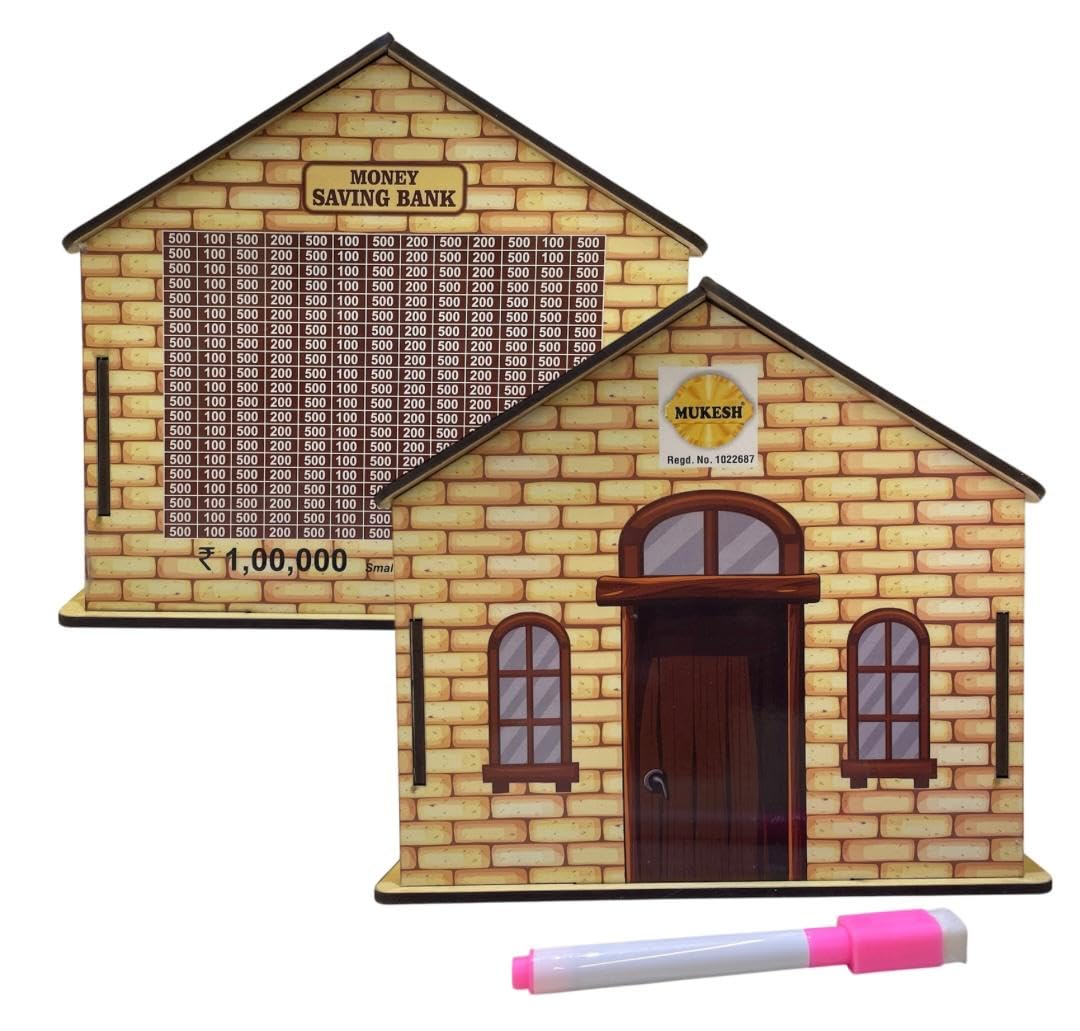MUKESH Wooden Money Saving Box One Lakh Goal Tracker House Shaped Piggy Bank