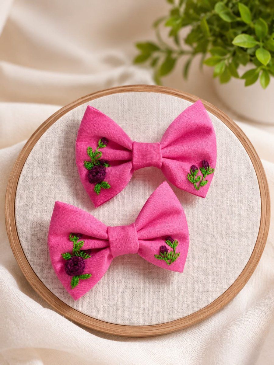 Hand-Embroidered Cotton Silk Hair Bows (Pink, Set of 2) | Floral Motif | Casual & Festive Accessory
