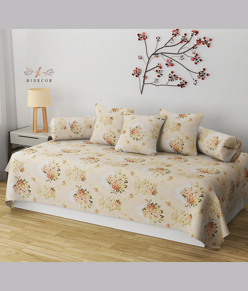 HIDECOR Cotton Floral Diwan Set 6 Pcs - Beige