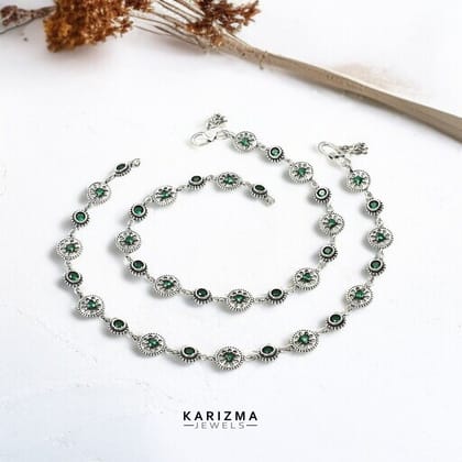 Unique trendy 925 Sterling Silver Green CZ floral design Oxidised Anklets Pair 10.3"