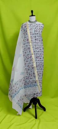 Handwoven Kota Doria Dress Material with Hand Embroidery, Slate Blue