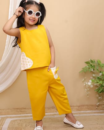 Applic Work on Khadi Cotton Fabric Cord-set-Yellow / 0-6 Month