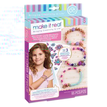 Make It Real Metal Bedazzled! Create 3 Unique Charm Bracelets Kit|Blooming Creativity|104 PcsIncludes Play Tray|All-in-1 DIY Beaded Jewelry Kit|Tweens&Girls|Arts&Crafts,Ages 8+|MadeInIndia,Multicolor