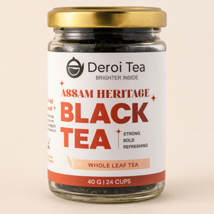 DEROI TEA Assam Heritage Black Tea | CARBON-FREE DRIED TEA | 100% Natural Whole Leaf | Assam Tea | 1Bud & 2 Leaves| Strong Flavour and Aroma - 40 gm - 24 Cups - 40 gm