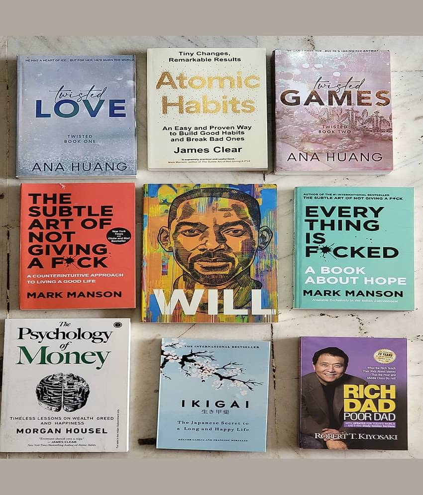 (Combo of 9 ) Twisted love + atomic + twisted game + Subtle art  + will +subtle art + everything +psychology of money + IKIGAI + Rich dad poor dad